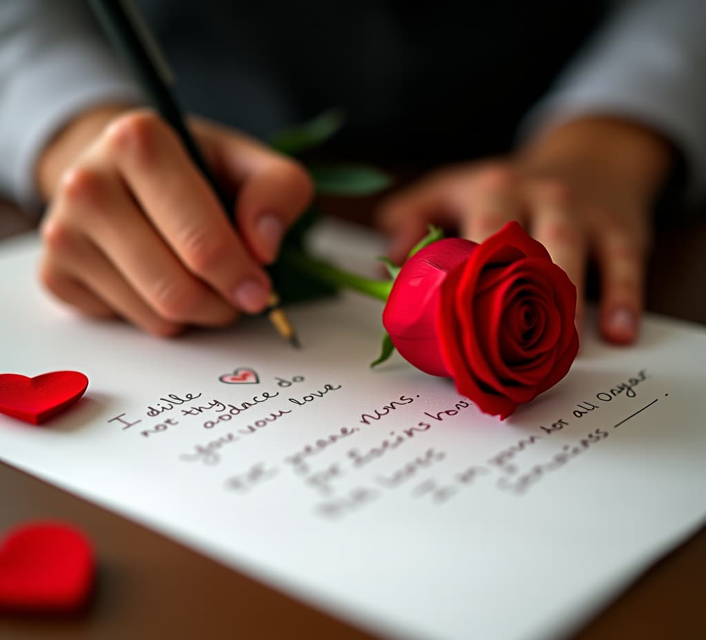  a man's hand writes a love letter to his girlfriend, with one beautiful fresh red rose.