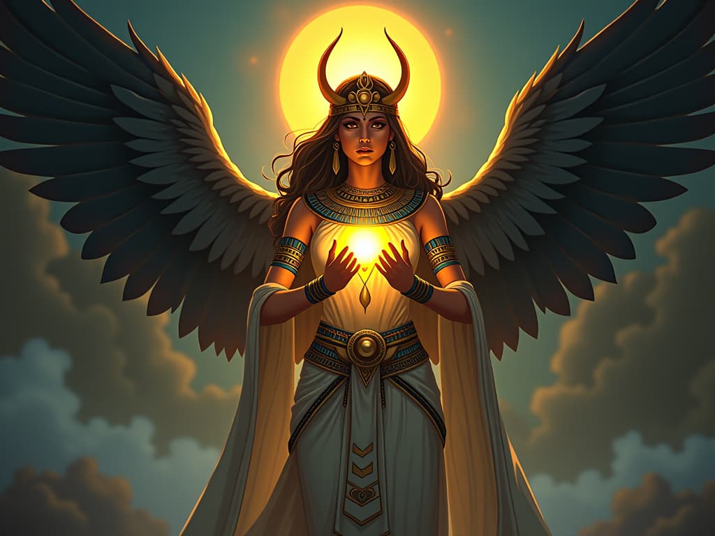  a radiant healer holding a delicate balance of light, surrounded by dark forces, her wisdom preserving her light. the style is digital art illustration / modern comic book / mysterious occult, symbolic, esoteric vibe,high detail on character design, incorporating ancient egyptian symbology and attire.