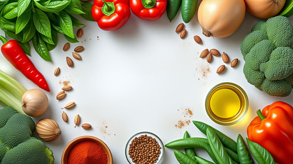  food cooking ingredients background with fresh vegetables, herbs, spices and olive oil on white stone table with copy space top view. healthy vegetarian eating ar 16:9 {prompt}, maximum details