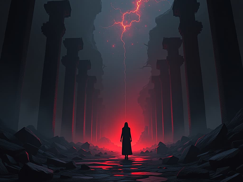  wisps of ghostly dreams, floating among darkened ruins, air of unfulfilled potential. the style is digital art illustration / modern comic book / graphic dark novel fantasy and mysterious occult, symbolic, moody lighting, esoteric vibe,high detail on character design. for the color scheme emphasize blacks and reds.