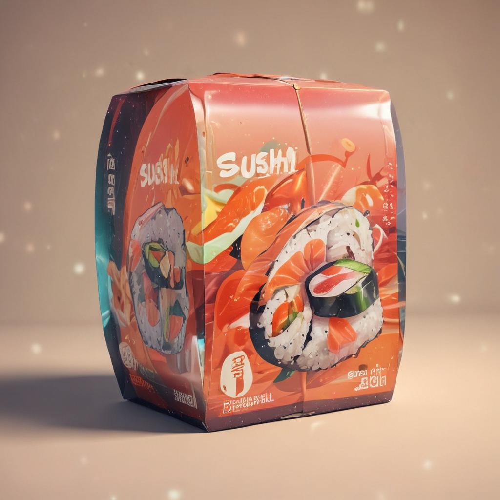 distance-shot, flashy, full-body, dynamic, holographic, animated cartoon poster of a take-out box of sushi in the style of dragon ball super