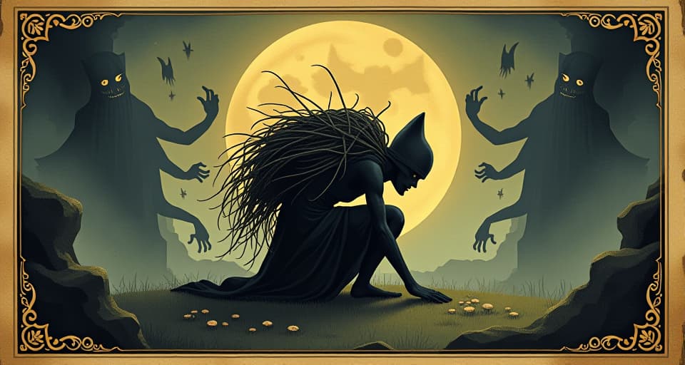  a figure kneeling with a heavy burden on their back, surrounded by spectral forms representing trials, aura of resilience. an illustration in the style of a worn, mystical old tarot trump card, mysterious and elements of surrealism. the colors are muted, somber and eerie, but with contrast bring out an occult and esoteric vibe.