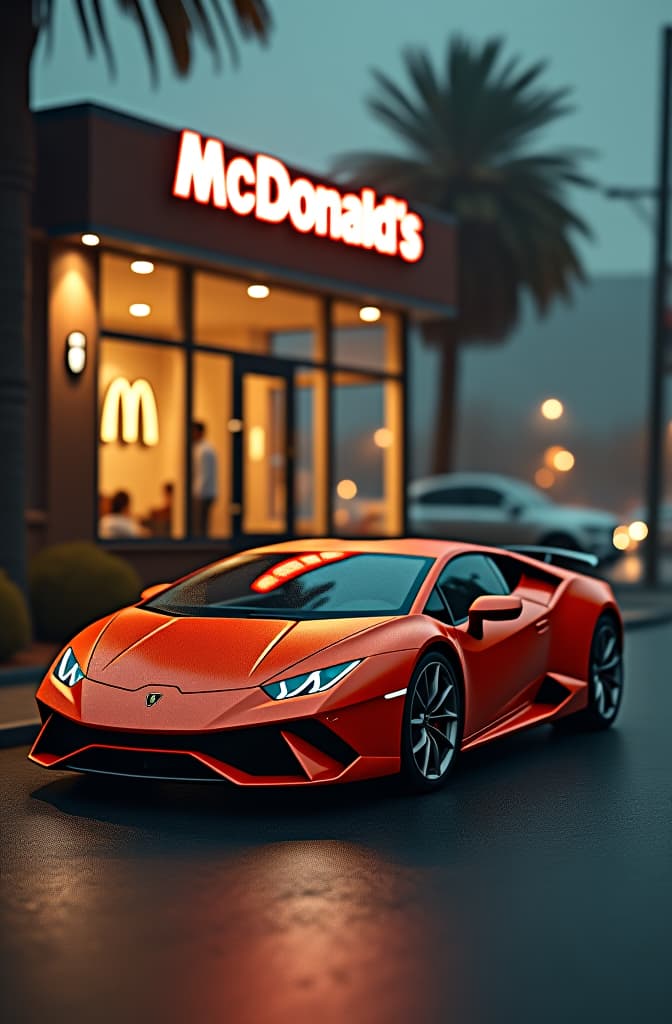  a lamborghini revuelto parked outside of a mcdonald's, realistic, portrait, art by donato giancola and greg rutkowski, realistic face, digital art, trending on artstation hyperrealistic, full body, detailed clothing, highly detailed, cinematic lighting, stunningly beautiful, intricate, sharp focus, f/1. 8, 85mm, (centered image composition), (professionally color graded), ((bright soft diffused light)), volumetric fog, trending on instagram, trending on tumblr, HDR 4K, 8K