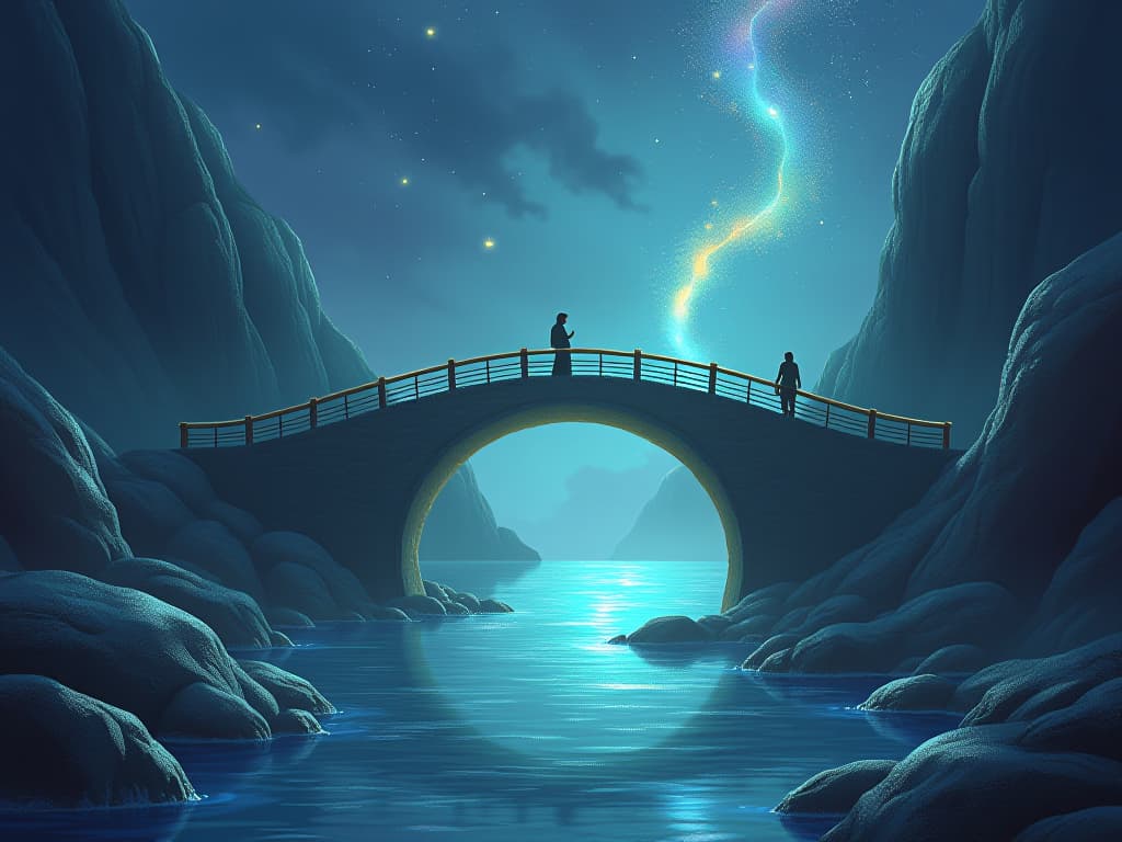  glowing bridge connecting realms, shimmering water beneath, ethereal spirits, inviting and protective atmosphere. the style is digital art illustration,highly detailed, whimsical,magical, dreamlike atmosphere, realism and fantasy blend, smooth, glossy textures,luminous quality, wonder and enchantment.