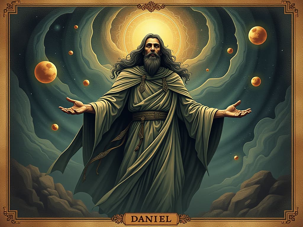  prophet daniel, surrounded by swirling visions, celestial background, mystical symbols floating. an illustration in the style of a worn, mystical old tarot trump card, mysterious and elements of surrealism. the colors are muted, somber and eerie, but with contrast bring out an occult and esoteric vibe.