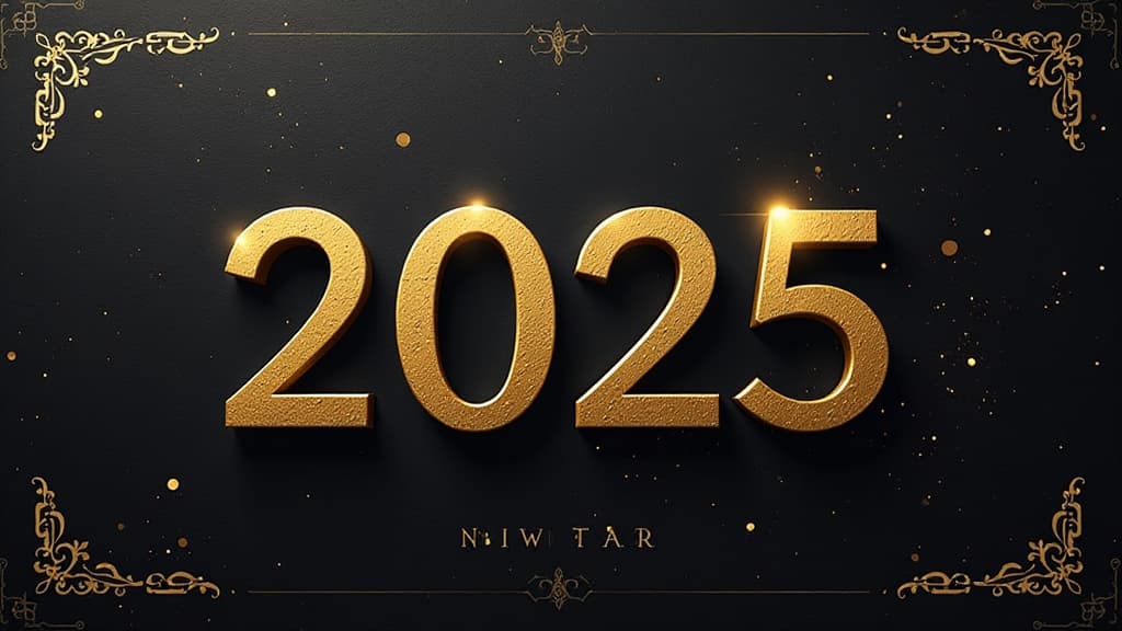  2025, new year card, black, gold, place for text ar 16:9 {prompt}, maximum details