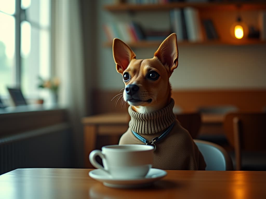  un perro sentado encima de una mesa junto a una taza de café. al fondo hay un letrero que pone “perrorista” hyperrealistic, full body, detailed clothing, highly detailed, cinematic lighting, stunningly beautiful, intricate, sharp focus, f/1. 8, 85mm, (centered image composition), (professionally color graded), ((bright soft diffused light)), volumetric fog, trending on instagram, trending on tumblr, HDR 4K, 8K