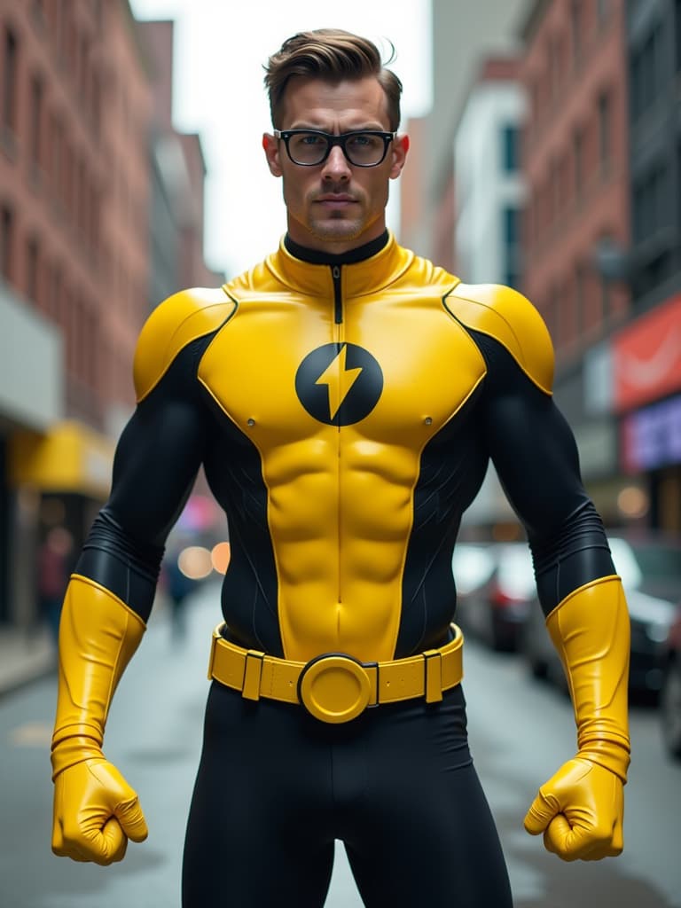  a hero has a flexible body, and his costume is a form fitting suit, with a distinctive black and yellow clothing and he wears black glasses. there is a rubber symbol in the middle of the costume. his body is made of rubber and his rubber hand are getting very very long and he is posing in a city realistic image 8k