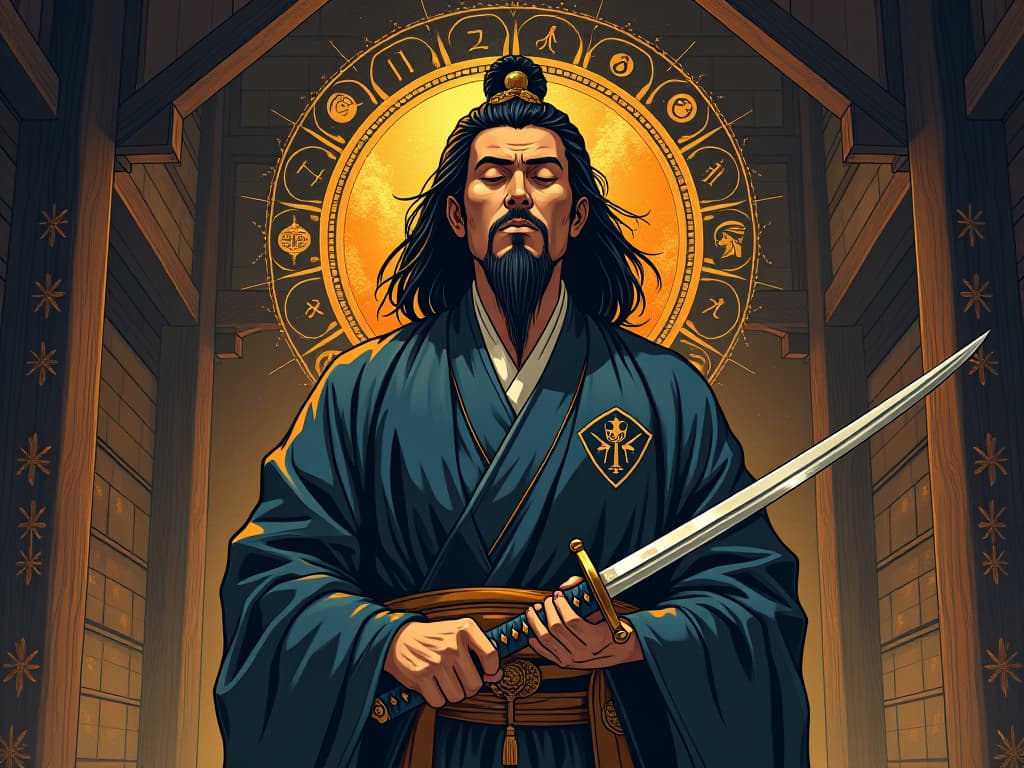  japanese swordsman miyamoto musashi with closed eyes, holding a katana, ancient wooden dojo, surrounded by symbols of wisdom, reflecting inner reflection and greatness. the style is digital art illustration / modern comic book / mysterious occult, symbolic, esoteric vibe,high detail on character design, incorporating ancient egyptian symbology and attire.