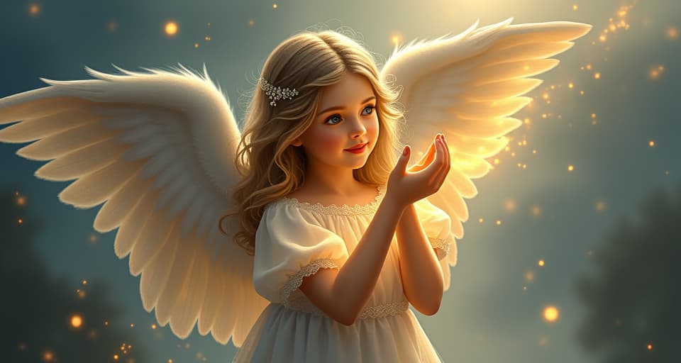  ethereal angel holding a glowing golden thread, divine aura, magical atmosphere, soft twilight. the style is digital art illustration,highly detailed, whimsical,magical, dreamlike atmosphere, realism and fantasy blend, smooth, glossy textures,luminous quality, wonder and enchantment.