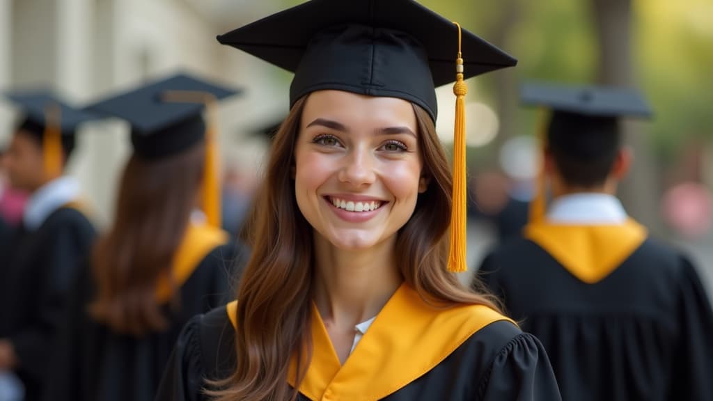  illustration portrait of cheerful young lady in black and yellow graduation gown with cap against of other graduate, high quality, high details, hd, perfect composition, 4k epic detailed, highly detailed, sharp focus, high resolution