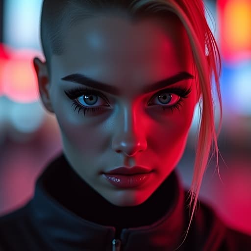  ultra realistic close up portrait ((beautiful pale cyberpunk female with heavy black eyeliner)), blue eyes, shaved side haircut, hyper detail, cinematic lighting, magic neon, dark red city, canon eos r3, nikon, f/1.4, iso 200, 1/160s, 8k, raw, unedited, symmetrical balance, in frame, 8k hyperrealistic, full body, detailed clothing, highly detailed, cinematic lighting, stunningly beautiful, intricate, sharp focus, f/1. 8, 85mm, (centered image composition), (professionally color graded), ((bright soft diffused light)), volumetric fog, trending on instagram, trending on tumblr, HDR 4K, 8K