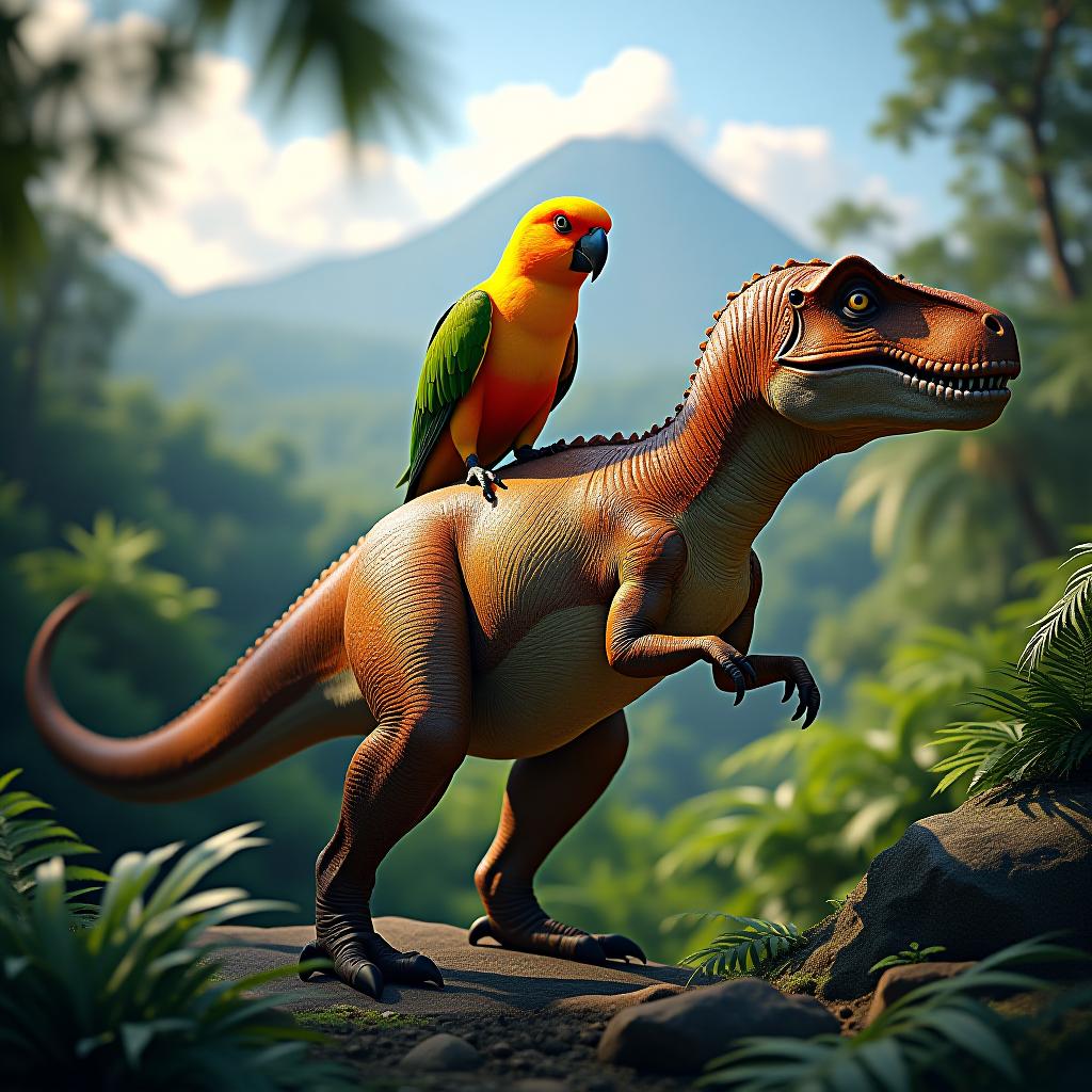  a vibrant sun conure perched atop a muscular dinosaur body, blending the bird's brilliant yellow, orange, and green plumage with the textured, scaly hide of a t rex. the dinosaur’s powerful limbs are planted firmly on a lush, prehistoric landscape filled with ferns and distant volcanoes. sunlight filters through the canopy, casting dappled shadows that highlight the conure’s expressive eyes and the intricate details of the dinosaur’s rugged skin. the scene is rendered in ultra realistic style, bringing to life the stunning contrast between the delicate beauty of the bird and the formidable strength of the dinosaur. (ultra realistic)