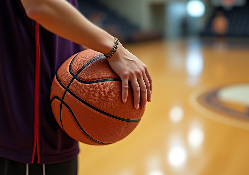  basketball player is holding basketball ball on a court, close up photo