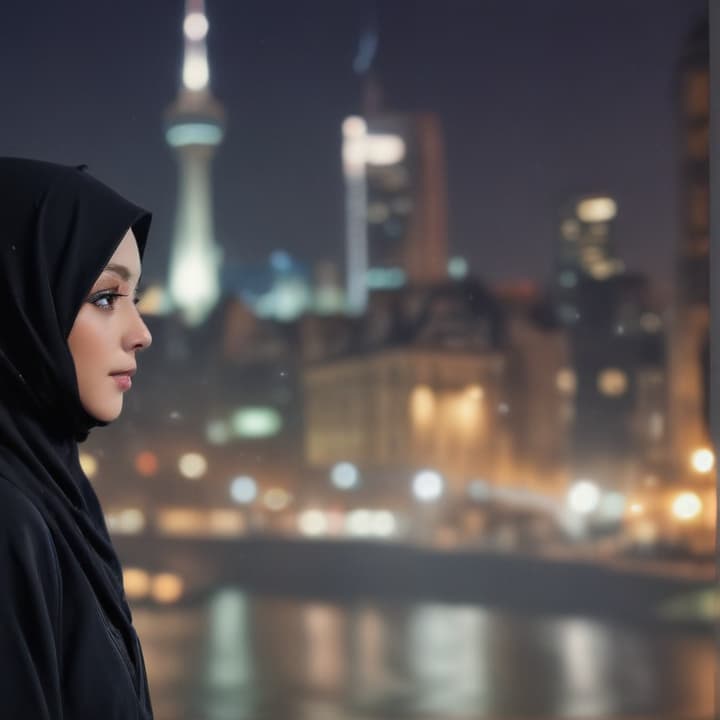 1girl, black hijab, black robe, city, blur background,