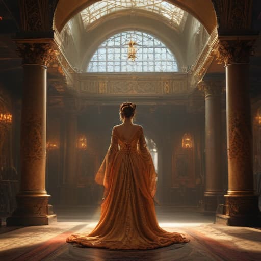 Imagine a regal figure standing in a grand hall, bathed in a soft, ethereal light. The scene is filled with intricate details such as ornate tapestries, towering pillars, and shimmering chandeliers. The figure, adorned in elegant robes and a majestic crown, raises their hand as if about to bestow a blessing. The setting exudes a sense of power and authority, with a hint of mystery and magic lingering in the air. The overall atmosphere is one of majesty and grace, inviting the viewer to step into a world of fantasy and wonder. fantastical creatures or characters inspired by mythology, folklore, or popular culture. use vibrant colors, sharp lines, intricate details, dynamic poses, dramatic lighting, atmospheric backgrounds, and blend anime, m