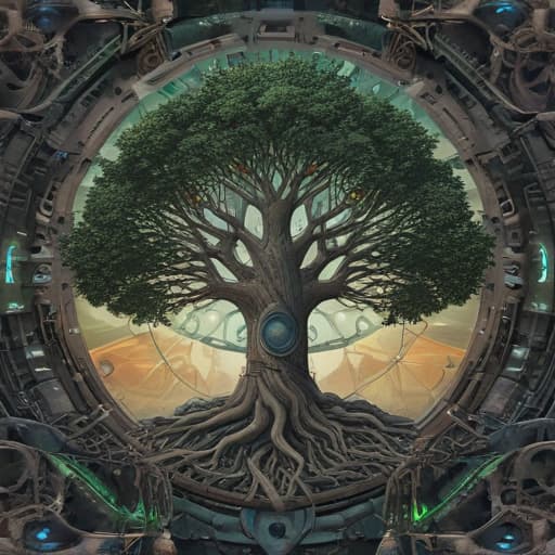 Atompunk Tree of Life in Cyberpunk style with Nature background