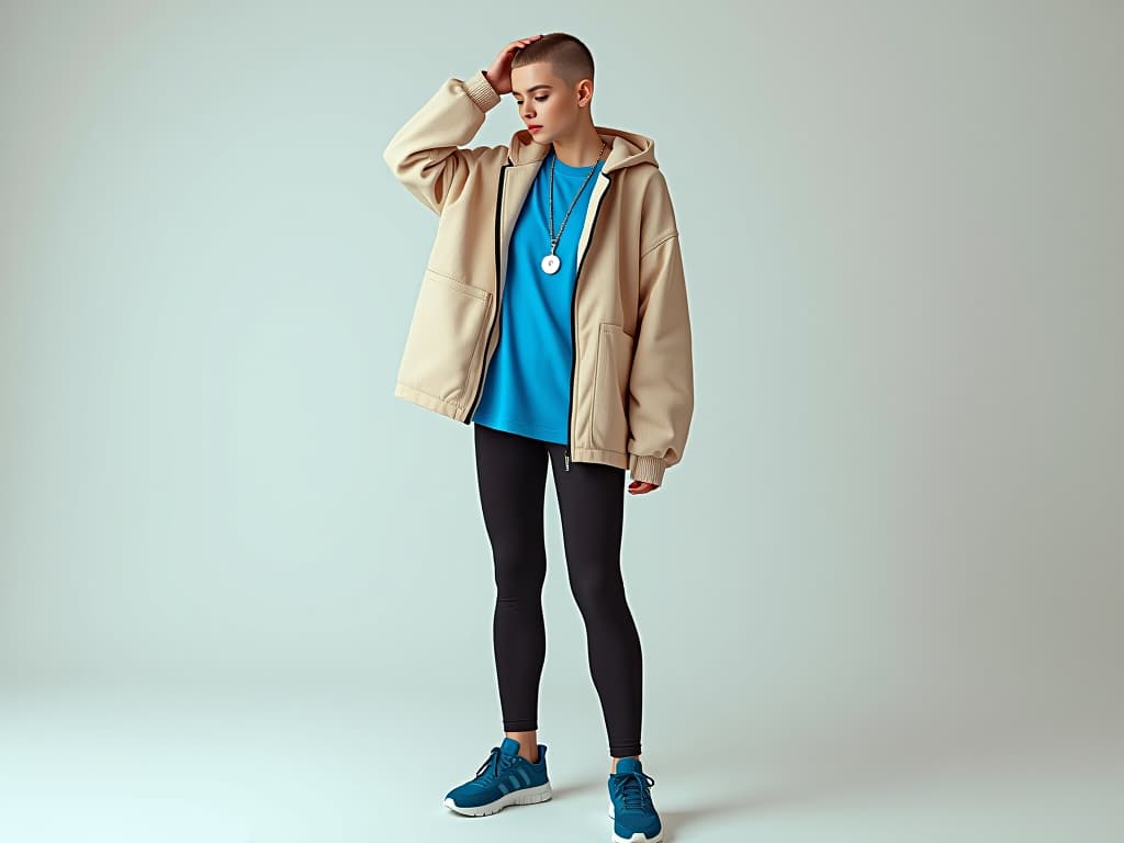  avant garde photography of a young woman as a ((skyline slicer)) with ((razor cut haircut)) wearing bdsm inspired leather, with harnesses, collars, or studded accessories, dressed in beige hoodie, blue t shirt, black leggings, blue sneakers, textured materials, oversized top, fitted bottoms, white cyclorama, minimalist setting, studio environment, hand on head, slightly turned, standing straight, medium shot, eye level angle, natural lighting, rendered in a 2.5d isometric perspective. soft gradients add dimension, pastel color scheme, futurism, vivid colors, strong backlight, volumetric lighting, (side view:1.5), shot on nikon z7 with nikon z 70 200mm f 2.8 vr s, photo by ruth bernhard hyperrealistic, full body, detailed clothing, highly detailed, cinematic lighting, stunningly beautiful, intricate, sharp focus, f/1. 8, 85mm, (centered image composition), (professionally color graded), ((bright soft diffused light)), volumetric fog, trending on instagram, trending on tumblr, HDR 4K, 8K