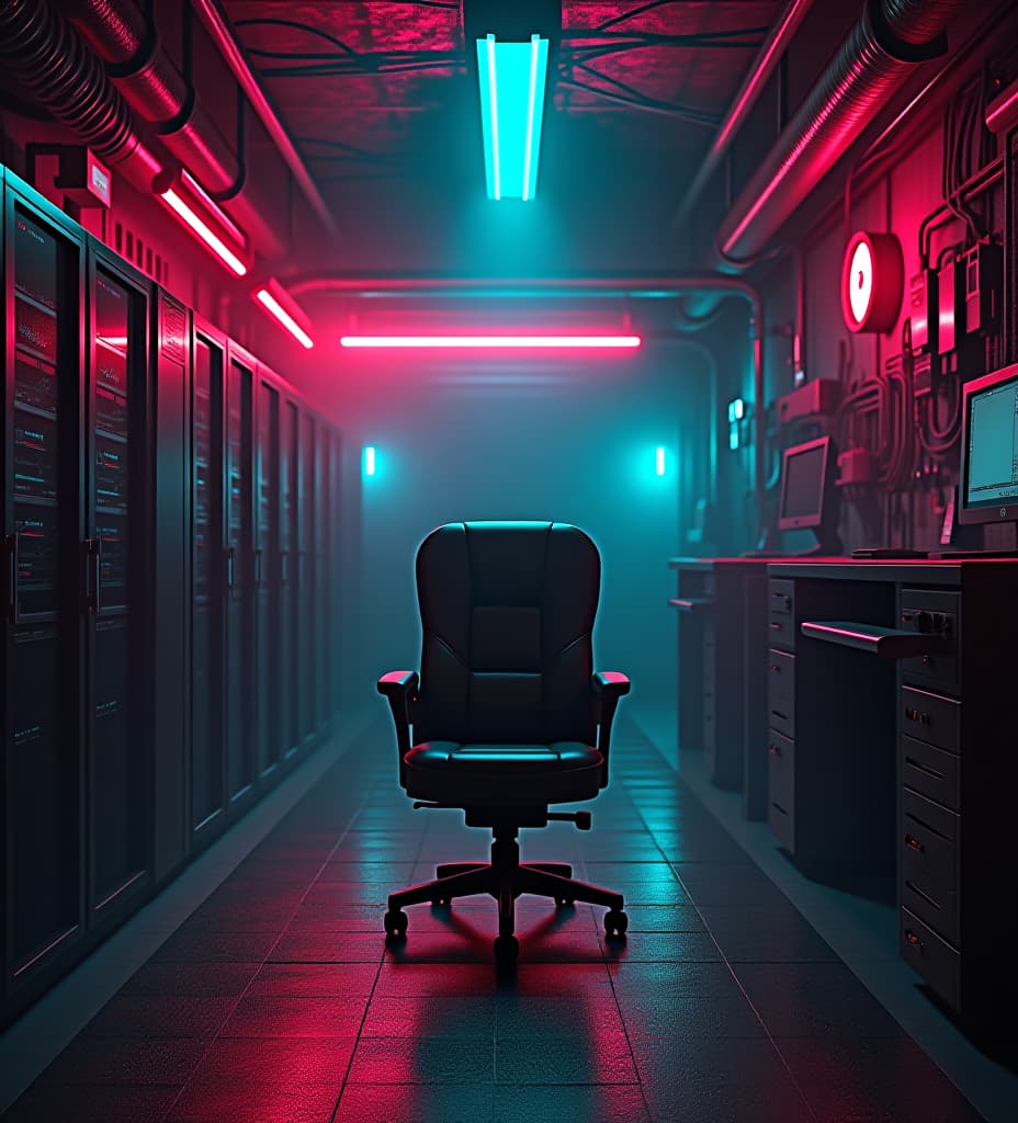  dark cyberpunk chair in a room underground in the sewers, full of network servers, pc monitors, circuitry, pipelines, power lines, the room has steam, the light falls from right to left with a warm glow. the image needs to be in hq, 2k textures, the colours used should be pink, red, dark cyan, fucsia and green. the chair forcefully will be on the center of the image. the chair is to be facing directly at the camera not leaning towards neither left nor right, centered and looking up front. the chair is up close to the camera, facing directly up front.