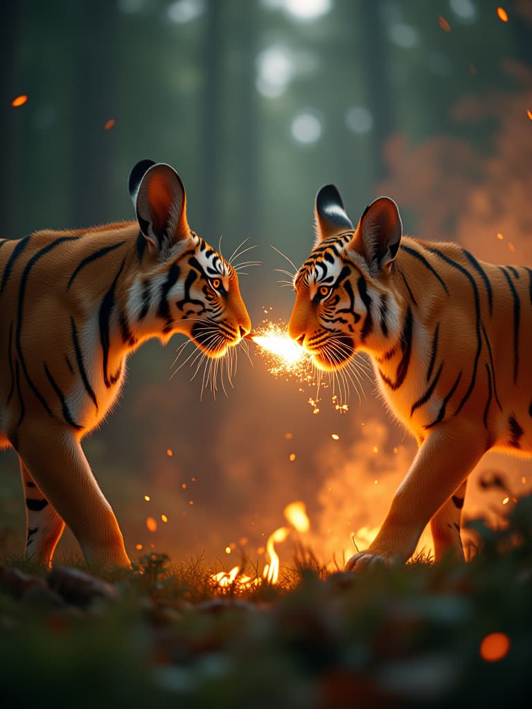  forest, fire, rabbits shoot tigers with their claws photo realistic, highly intricate and detailed, masterpiece, ultra high res,photography,8k resolution