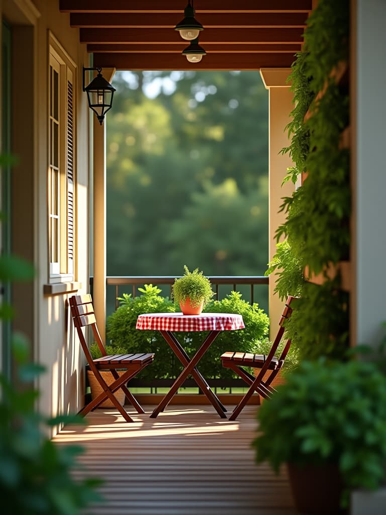  high quality portrait photo of a narrow porch with a fold down table against the wall, two folding chairs, and vertical herb garden, shot from a corner perspective hyperrealistic, full body, detailed clothing, highly detailed, cinematic lighting, stunningly beautiful, intricate, sharp focus, f/1. 8, 85mm, (centered image composition), (professionally color graded), ((bright soft diffused light)), volumetric fog, trending on instagram, trending on tumblr, HDR 4K, 8K