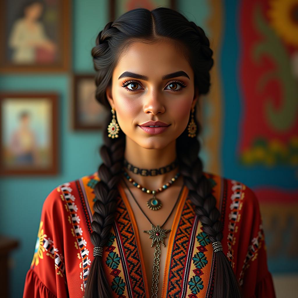  make an image of a mexican woman with two dutch braids dressed boho