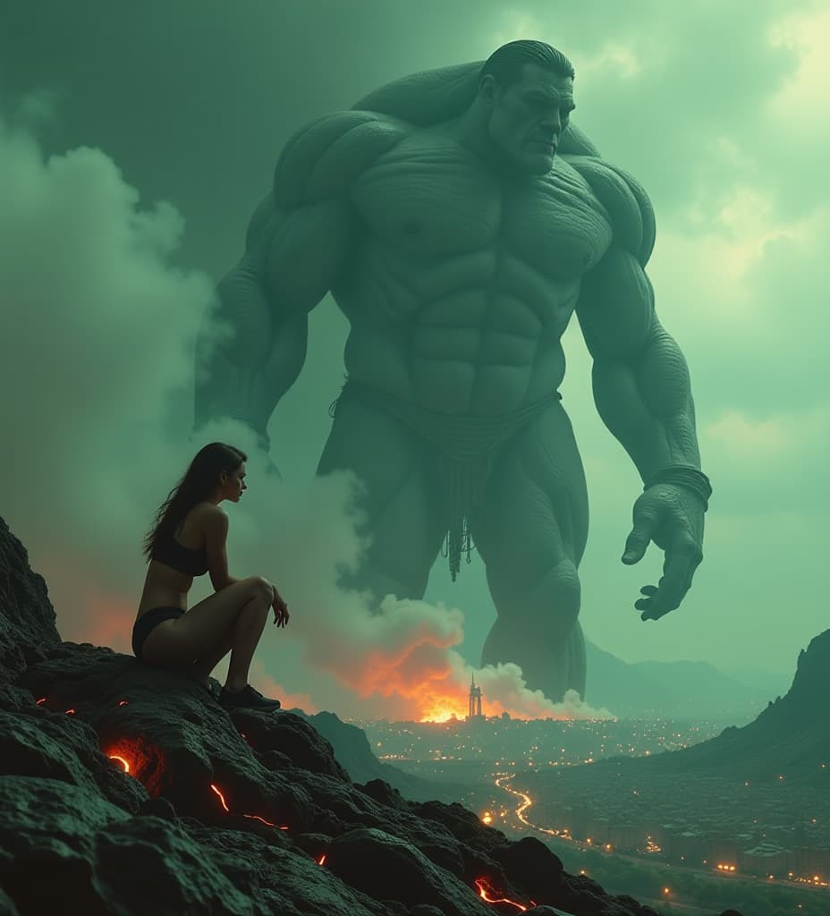  uhd grainy movie still,2020s, colossal woman, dwarfed only by the emerald sprawl of a breathtaking continent beneath her, crouches casually. smoke and fire billow from a city obliterated beneath the sole of her massive tee clad foot. cracks snake across the earth, glowing with molten lava, hinting at the unimaginable power coursing through her veins, high quality, high details, hd, perfect composition, 4k epic detailed, highly detailed, sharp focus, high resolution