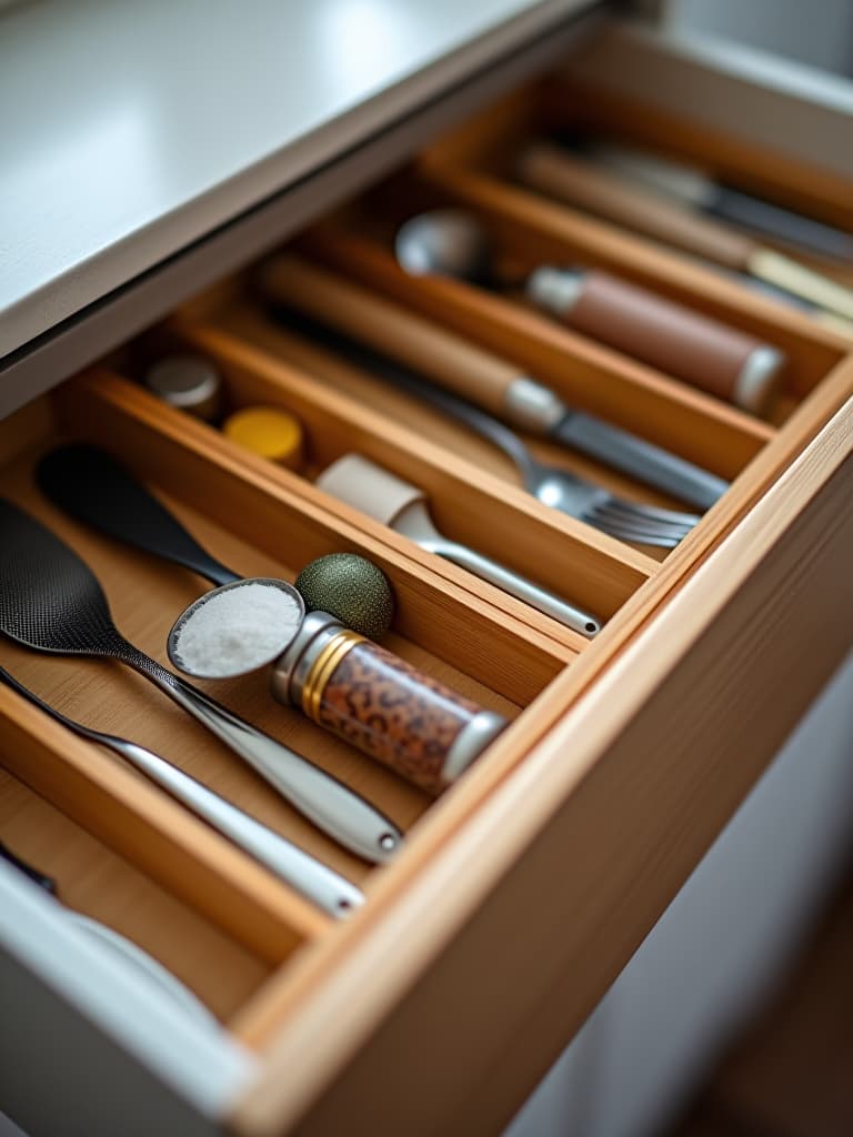  high quality portrait photo of a close up of a beautifully organized drawer with custom dividers, showcasing neatly arranged utensils, spices, and small kitchen gadgets hyperrealistic, full body, detailed clothing, highly detailed, cinematic lighting, stunningly beautiful, intricate, sharp focus, f/1. 8, 85mm, (centered image composition), (professionally color graded), ((bright soft diffused light)), volumetric fog, trending on instagram, trending on tumblr, HDR 4K, 8K