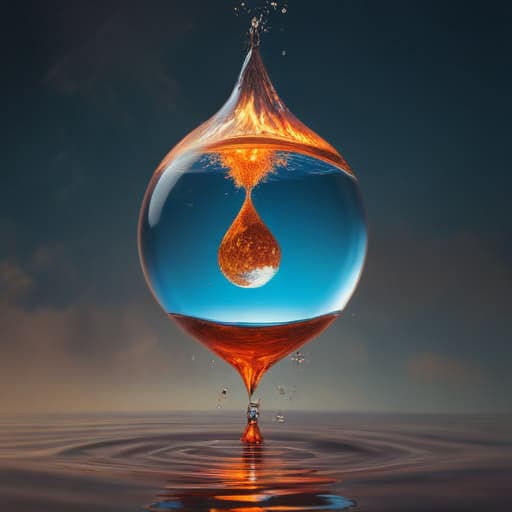 An image of flat earth within a droplet of fire falling through the air into water in Surrealist style