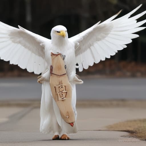 An white eagle carrying a board with the word " MrBehzod" written on it