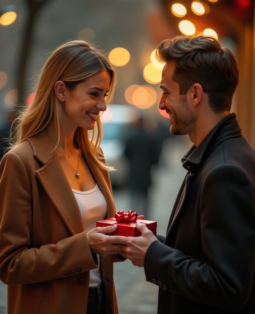  hdr photo of a beautiful woman gives a man a small gift, a model . high dynamic range, vivid, rich details, clear shadows and highlights, realistic, intense, enhanced contrast, highly detailed