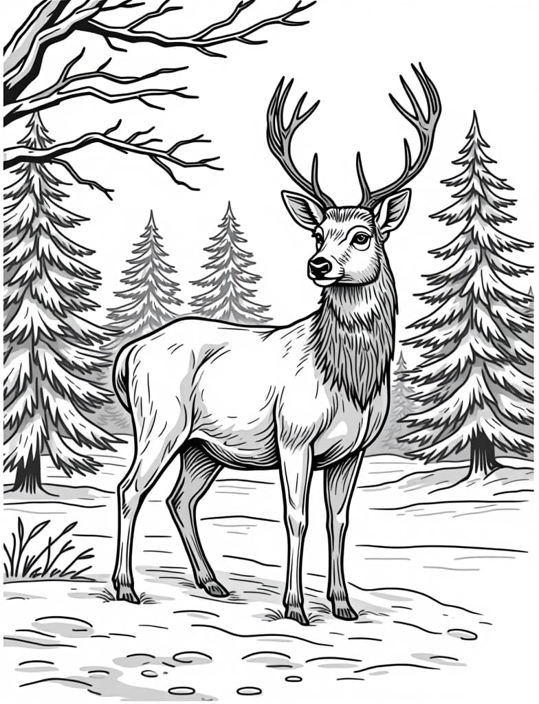  this is for an adult coloring page. a detailed black and white line art of a snowy deer standing in the snow near a forest edge on a solid white background.