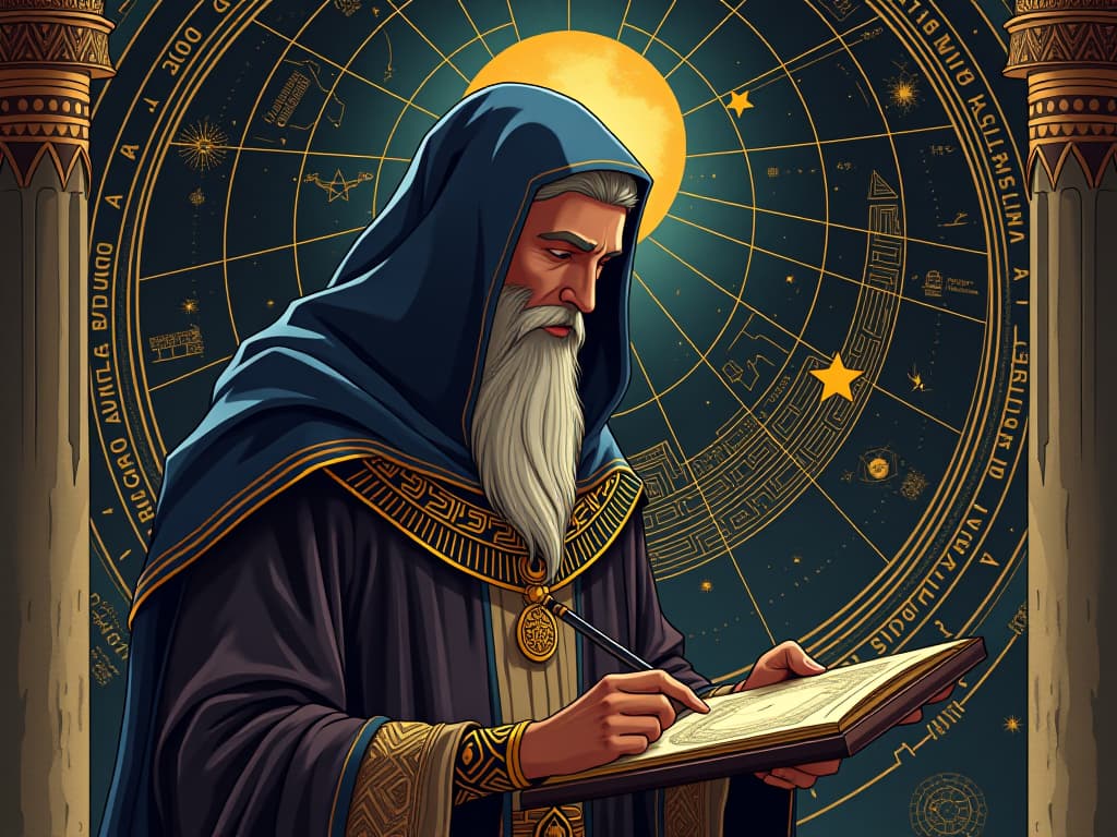  a wise man in grand robes looking at an astrolabe, celestial patterns and star maps surrounding him, aura of recognition and comprehension of cosmic connectivity. the style is digital art illustration / modern comic book / mysterious occult, symbolic, esoteric vibe,high detail on character design, incorporating ancient egyptian symbology and attire.