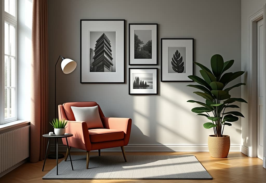  a landscape photo of a chic living room corner featuring a gallery wall with black and white prints, a modern armchair, and a small side table with a potted plant hyperrealistic, full body, detailed clothing, highly detailed, cinematic lighting, stunningly beautiful, intricate, sharp focus, f/1. 8, 85mm, (centered image composition), (professionally color graded), ((bright soft diffused light)), volumetric fog, trending on instagram, trending on tumblr, HDR 4K, 8K