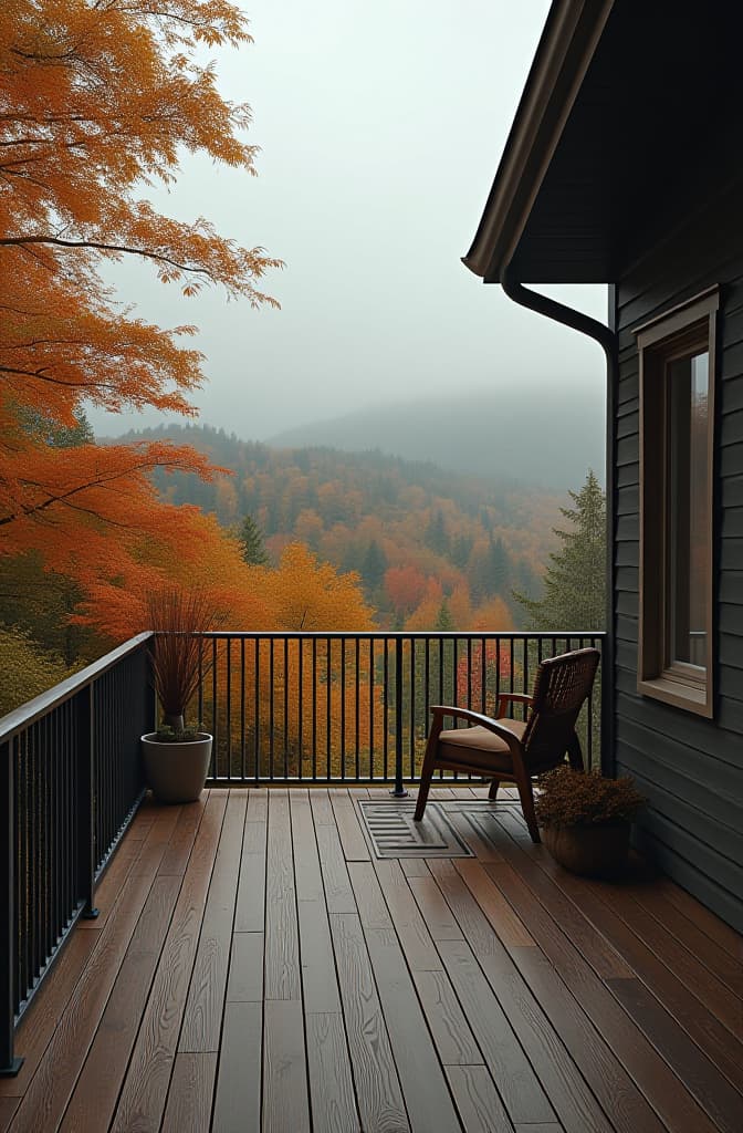  professional detailed photography, patio deck terrace view of vacation house with scenic view in fall with colorful foliage ar 2:3, (muted colors, dim colors, soothing tones), (vsco:0.3)