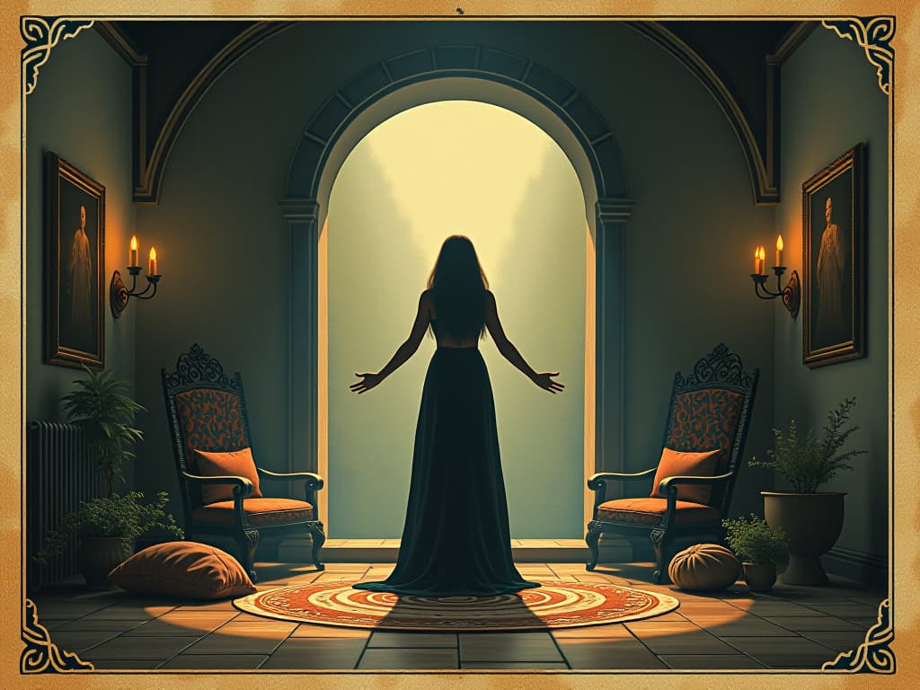  person standing in a harmonious room, sense of empowerment, balanced environment, sanctuary feel, light and positive. an illustration in the style of a worn, mystical old tarot trump card, mysterious and elements of surrealism. the colors are muted, somber and eerie, but with contrast bring out an occult and esoteric vibe.