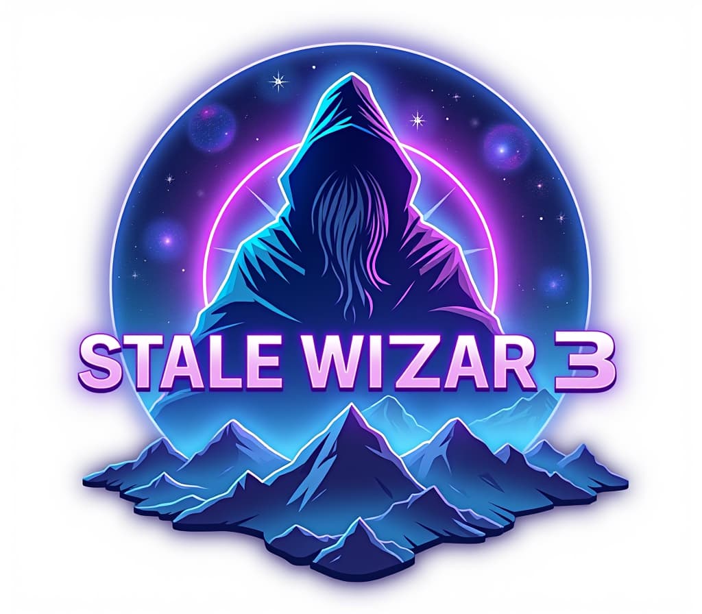  an epic logo for "stable diffusion 3", depicting a space wizard in the style of a nebula background with blue and purple neon text on a white glowing background floating over a mountain range