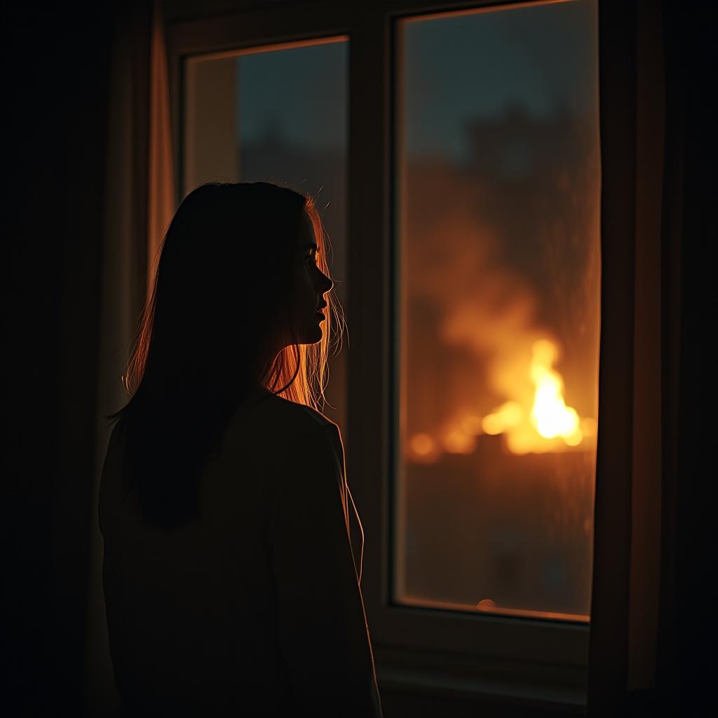  a young woman late at night, she stands by her bedroom window, her face illuminated by the bright light of a fire outside, she looks frightened as she gazes out the window, a masterpiece, cinematography, film, photorealism