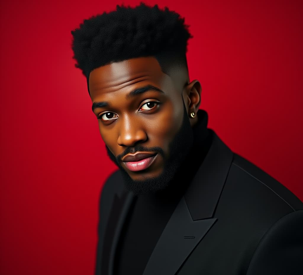  man portrait. stylish. handsome afro american man in dark red background looking to camera