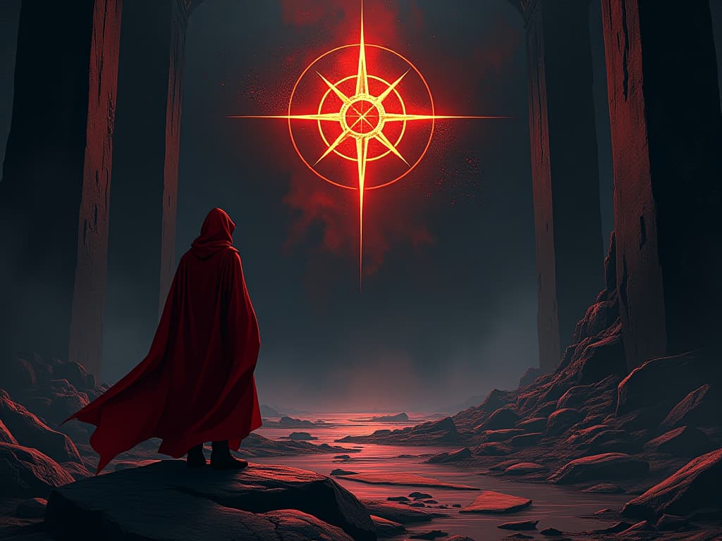  ancient ruin with glowing symbol, figure in red cloak contemplating, mood of catalyst for change. the style is digital art illustration / modern comic book / graphic dark novel fantasy and mysterious occult, symbolic, moody lighting, esoteric vibe,high detail on character design. for the color scheme emphasize blacks and reds.