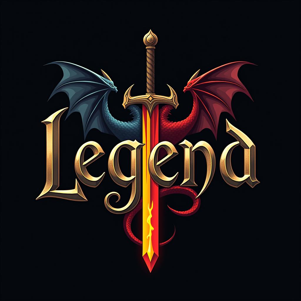  design a logo, custom sticker design on an isolated black background with the words ‘legend’ in bold font decorated by mythical dragons and a flaming sword