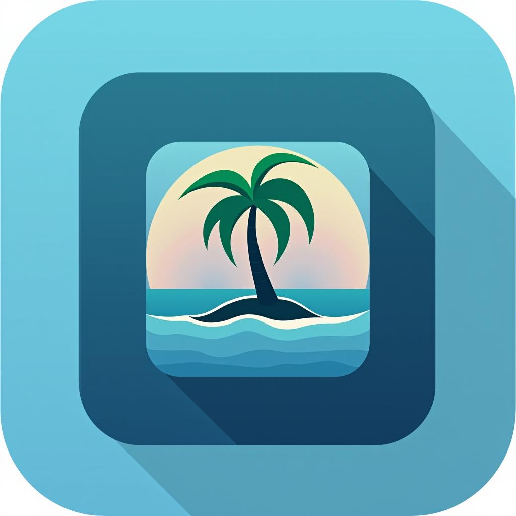  design a logo, rounded edges square mobile app logo design, flat vector, minimalistic, icon of a palm tree in the ocean