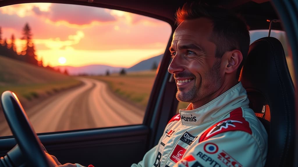  prompt: create an ultra realistic image of robert kubica immersed in the world of rally racing. show him in a dynamic rally car, intensely focused on the winding track ahead. include elements like rally flags, dirt tracks, and a colorful sunset sky. highlight kubica's passion with a subtle smile and sparkling eyes. incorporate logos of formula 1, world endurance championship, and world rally championship seamlessly into the scene. capture the essence of joy, determination, and love for motorspor