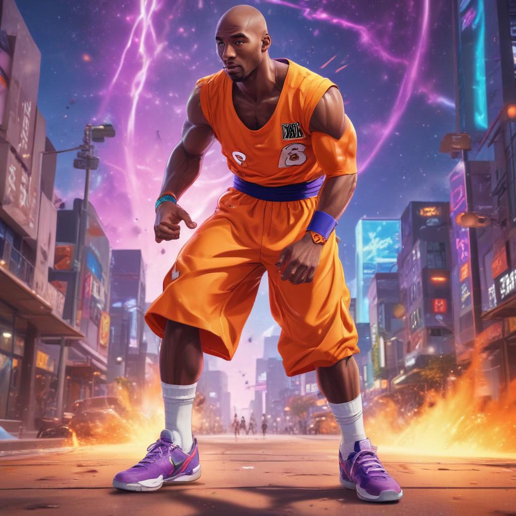 distance-shot, flashy, full-body, dynamic, holographic, animated cartoon poster of kobe scene in the style of dragon ball super