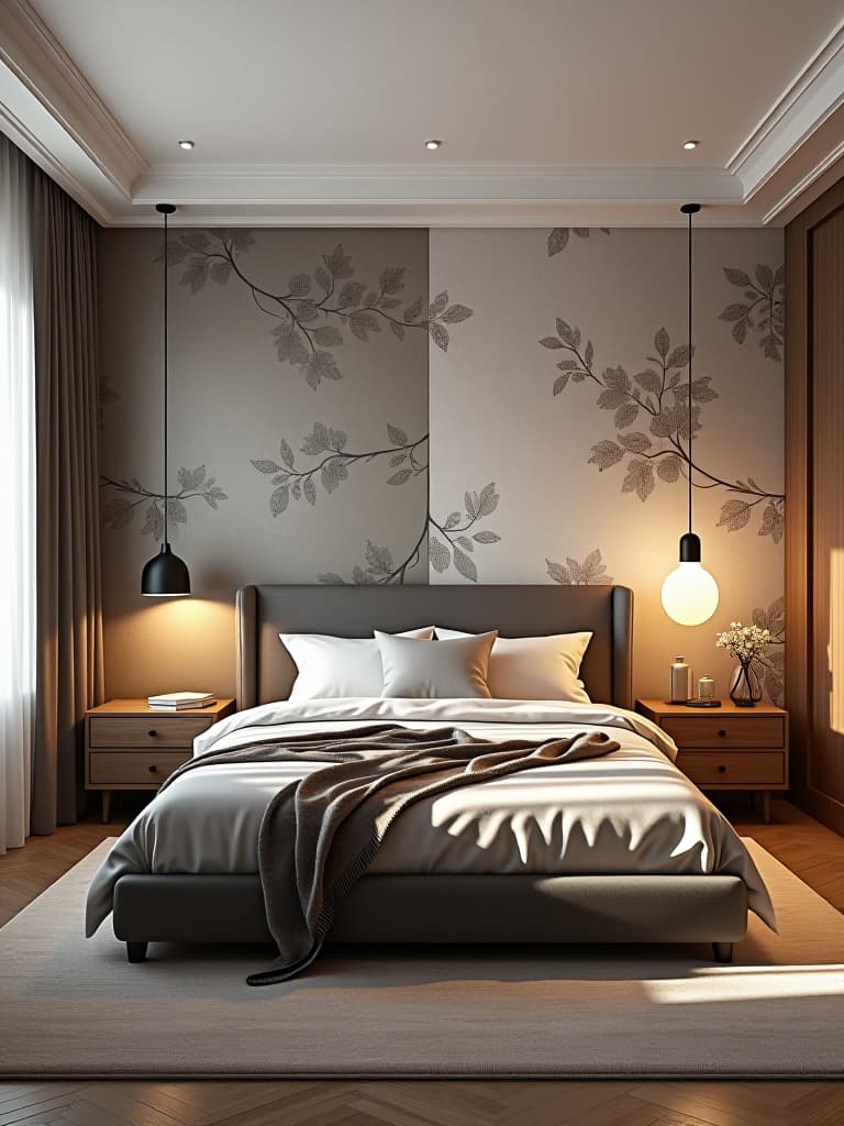  high quality portrait photo of a modern bedroom with half the room showcasing removable wallpaper and the other half with traditional wallpaper, highlighting the differences hyperrealistic, full body, detailed clothing, highly detailed, cinematic lighting, stunningly beautiful, intricate, sharp focus, f/1. 8, 85mm, (centered image composition), (professionally color graded), ((bright soft diffused light)), volumetric fog, trending on instagram, trending on tumblr, HDR 4K, 8K