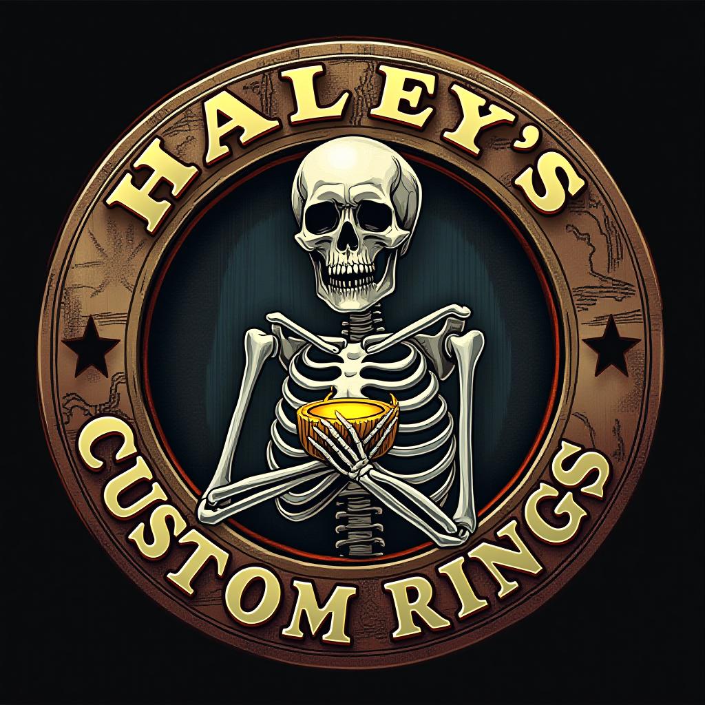  (logo), a sign saying haley’s custom rings with a skeleton wearing a ring