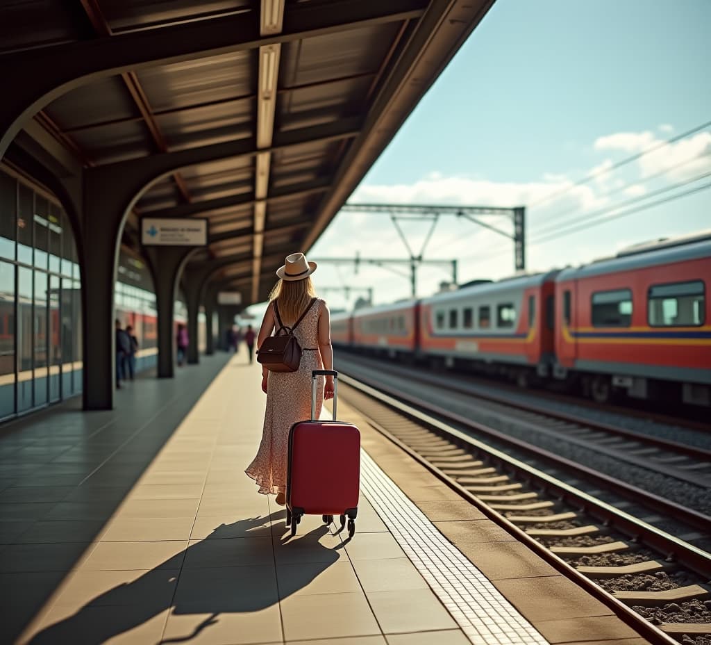  woman waiting on the station platform ,railroad transport concept, traveler.woman with suitcase walking at railroad station platform. travel to vacation by train,stand on platform waiting train in sky