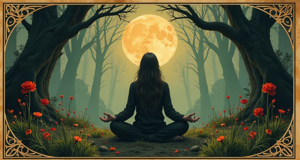  person meditating in nature, harmonious balance with surroundings, growth, inner peace. an illustration in the style of a worn, mystical old tarot trump card, mysterious and elements of surrealism. the colors are muted, somber and eerie, but with contrast bring out an occult and esoteric vibe.