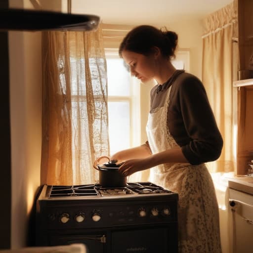 A photo of a skilled artisan meticulously assembling a sleek modern stove in a rustic farmhouse kitchen during the soft glow of early evening, with warm, golden light filtering through the vintage lace curtains, casting a gentle, ambient radiance over the scene.