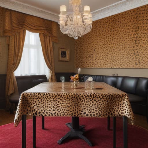 inside the room there is a table made of cheetah skin